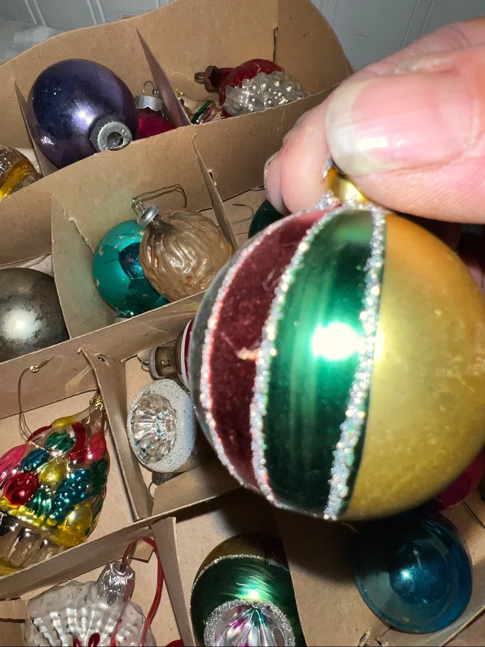Huge lot Antique vintage Mercury glass Christmas ornaments indent mica flocked